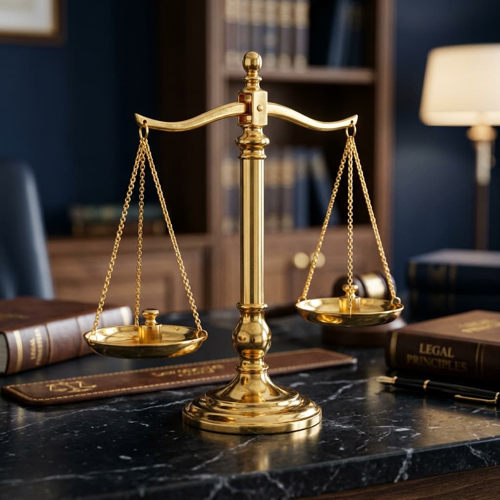 Balança da Justiça dourada sobre mesa de mármore